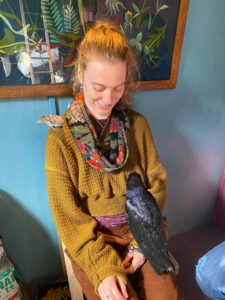 The author Robyn seated with Apollo the crow sitting on her knee and a sparrow on her shoulder. Robyn has red hair and is wearing a mustard coloured top with a scarf around her neck and orange trousers. A blue wall behind her, with a colourful painting of botanical leaves. 