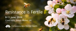Banner saying Resistance is Fertile 8-11 June and photo of bees on apple blossom